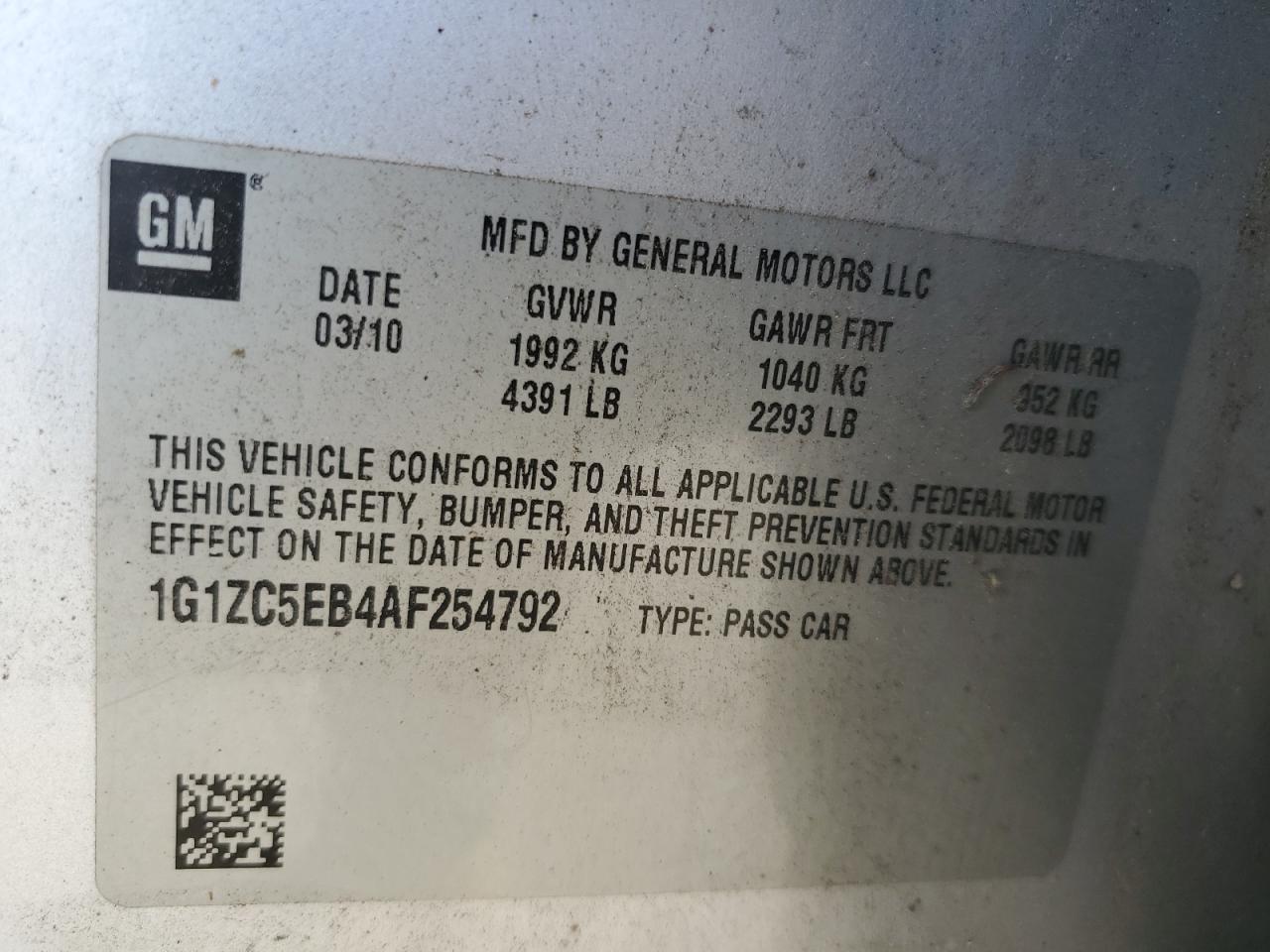 2010 Chevrolet Malibu 1Lt VIN: 1G1ZC5EB4AF254792 Lot: 65039085