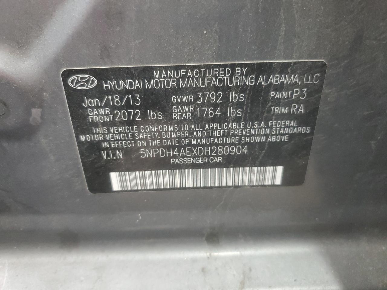 2013 Hyundai Elantra Gls VIN: 5NPDH4AEXDH280904 Lot: 64336015