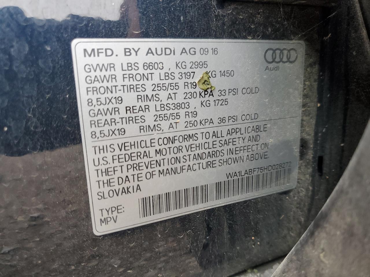2017 Audi Q7 Premium Plus VIN: WA1LABF75HD028272 Lot: 63044185
