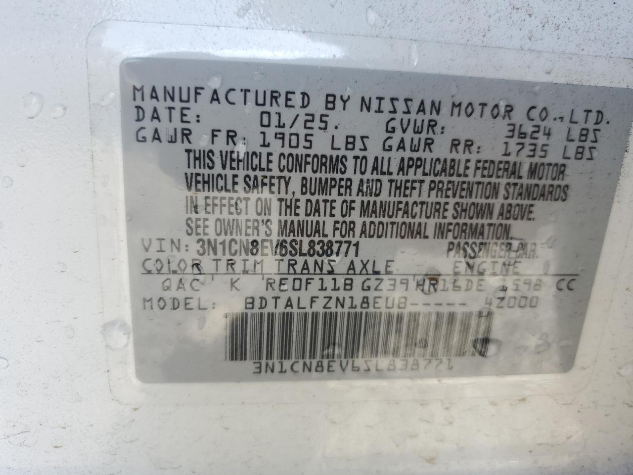 2025 Nissan Versa Sv VIN: 3N1CN8EV6SL838771 Lot: 64956775