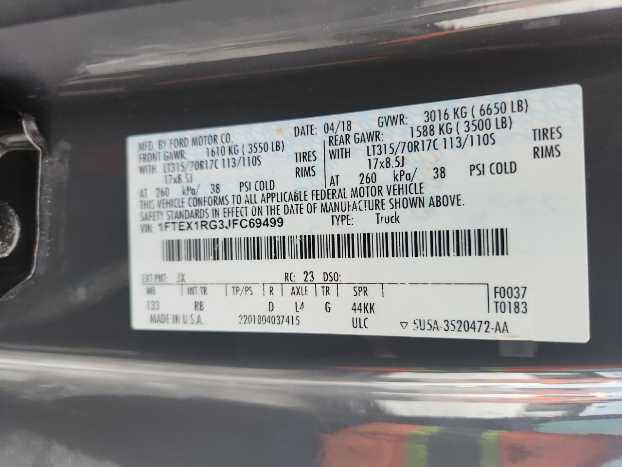 2018 Ford F150 Raptor VIN: 1FTEX1RG3JFC69499 Lot: 64077765