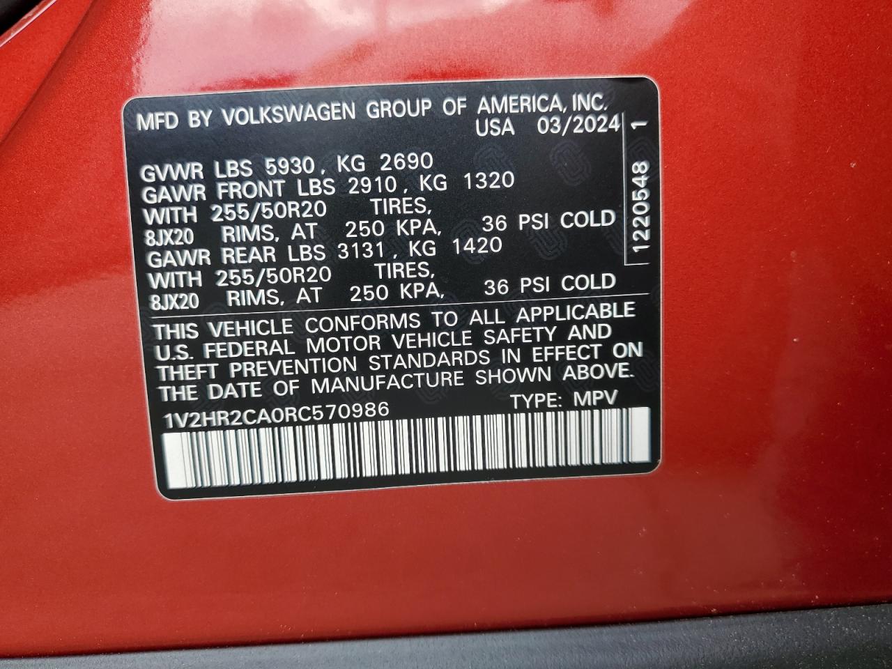 2024 Volkswagen Atlas Se VIN: 1V2HR2CA0RC570986 Lot: 63750815