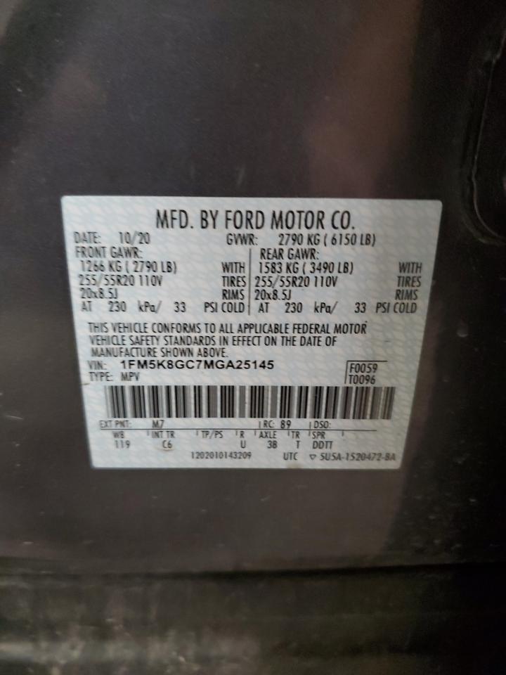 2021 Ford Explorer St VIN: 1FM5K8GC7MGA25145 Lot: 63043155