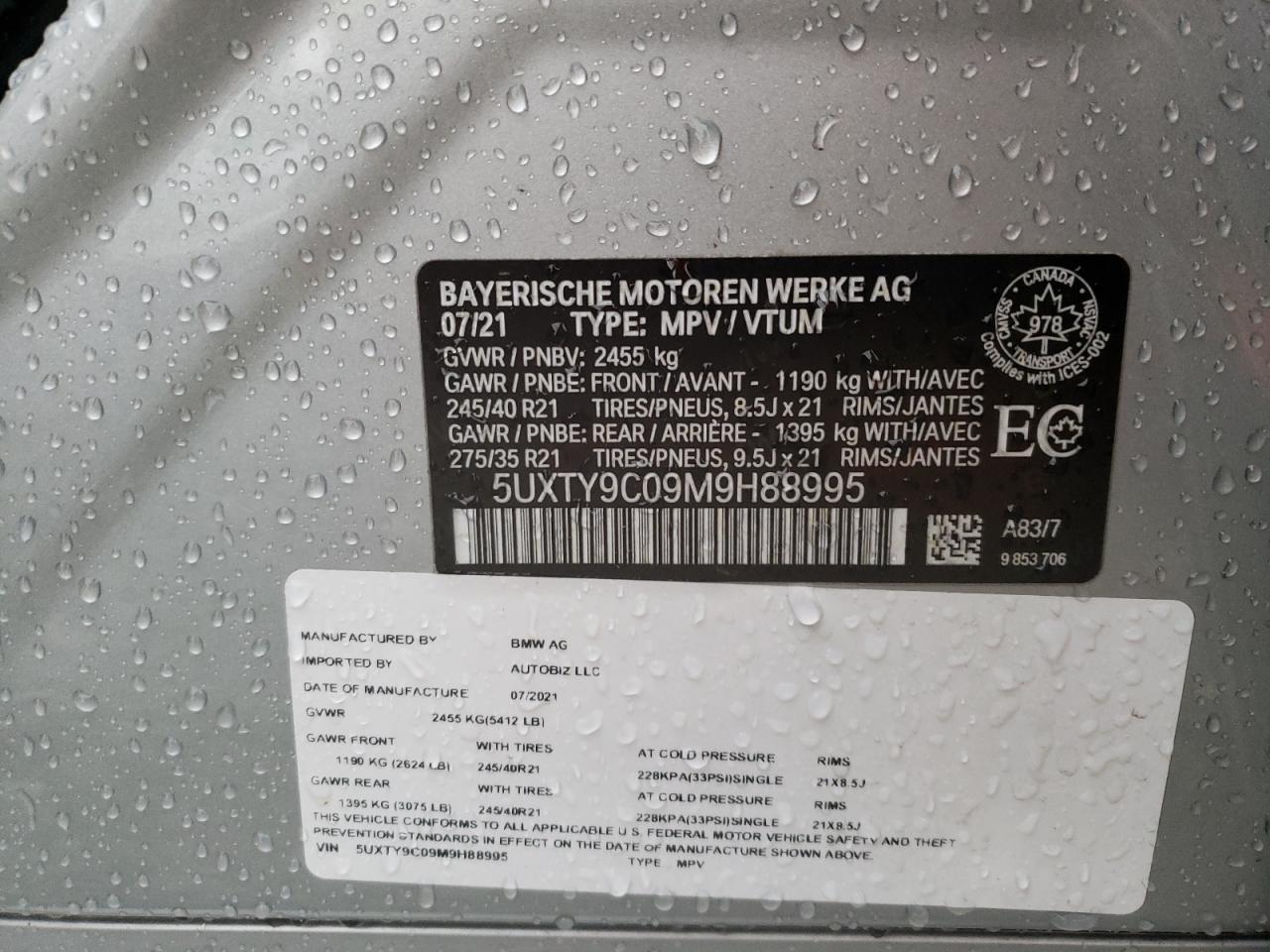 2021 BMW X3 xDrivem40I VIN: 5UXTY9C09M9H88995 Lot: 67282275