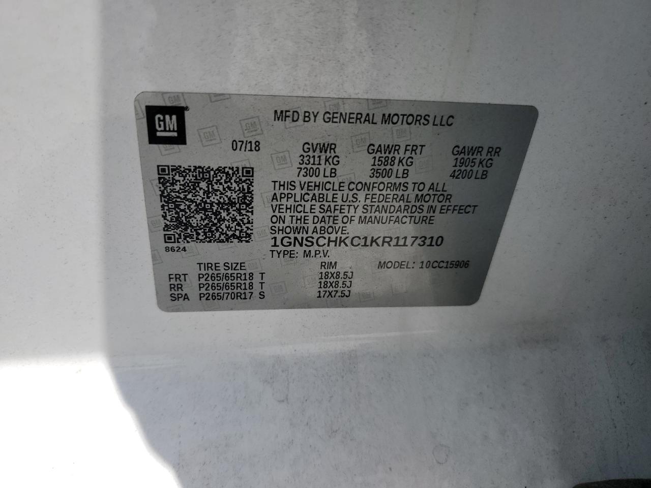 2019 Chevrolet Suburban C1500 Lt VIN: 1GNSCHKC1KR117310 Lot: 64401125