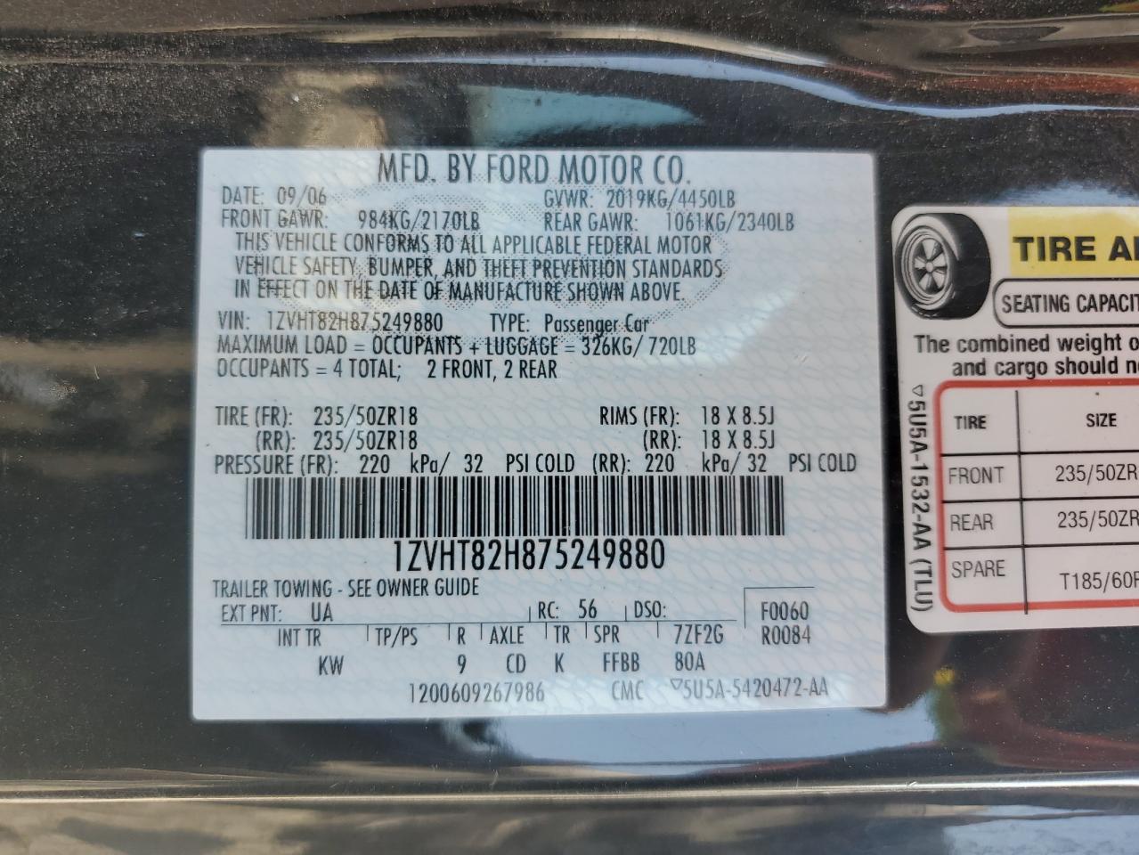 2007 Ford Mustang Gt VIN: 1ZVHT82H875249880 Lot: 64664475