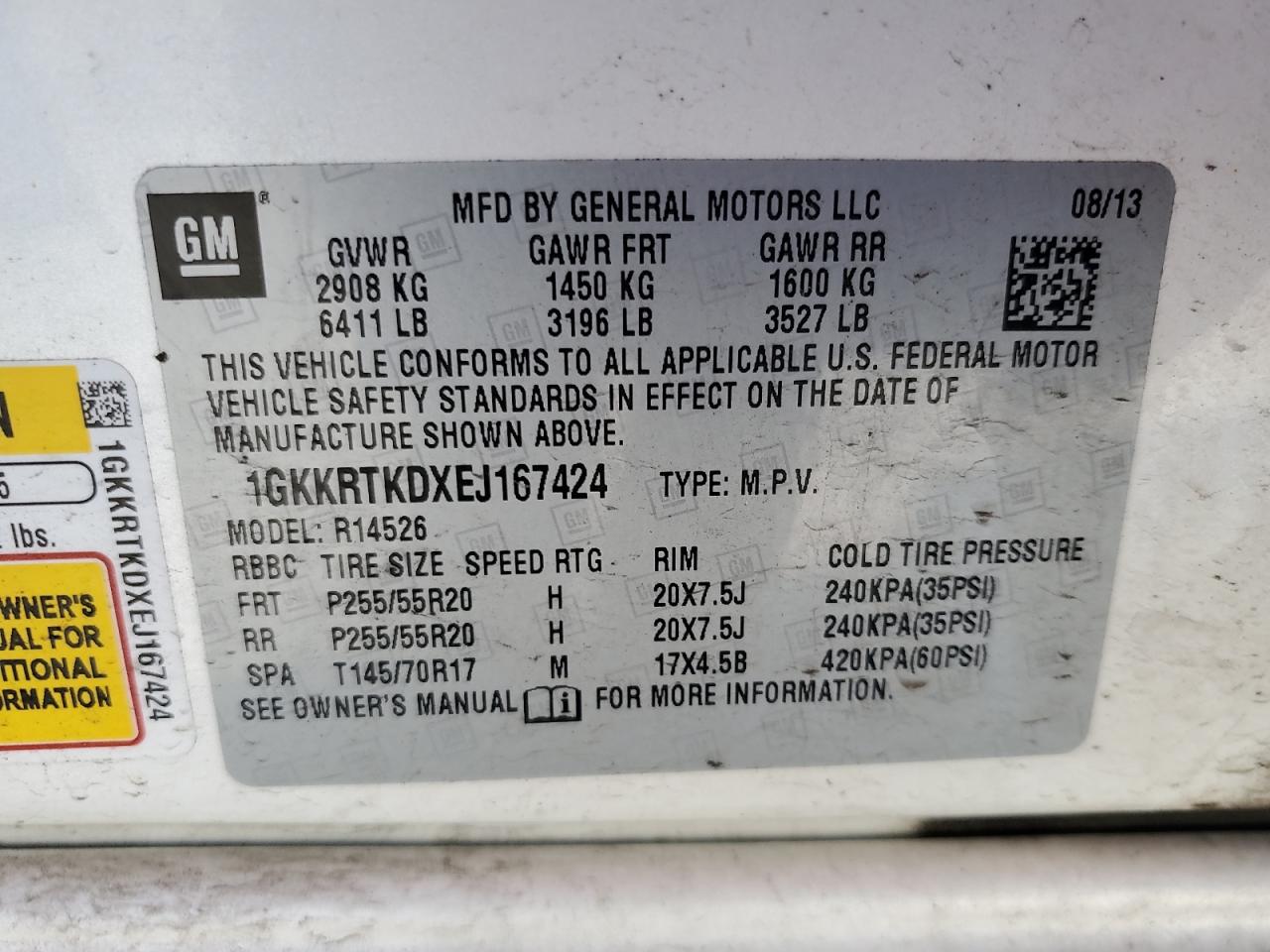 2014 GMC Acadia Denali VIN: 1GKKRTKDXEJ167424 Lot: 62727695