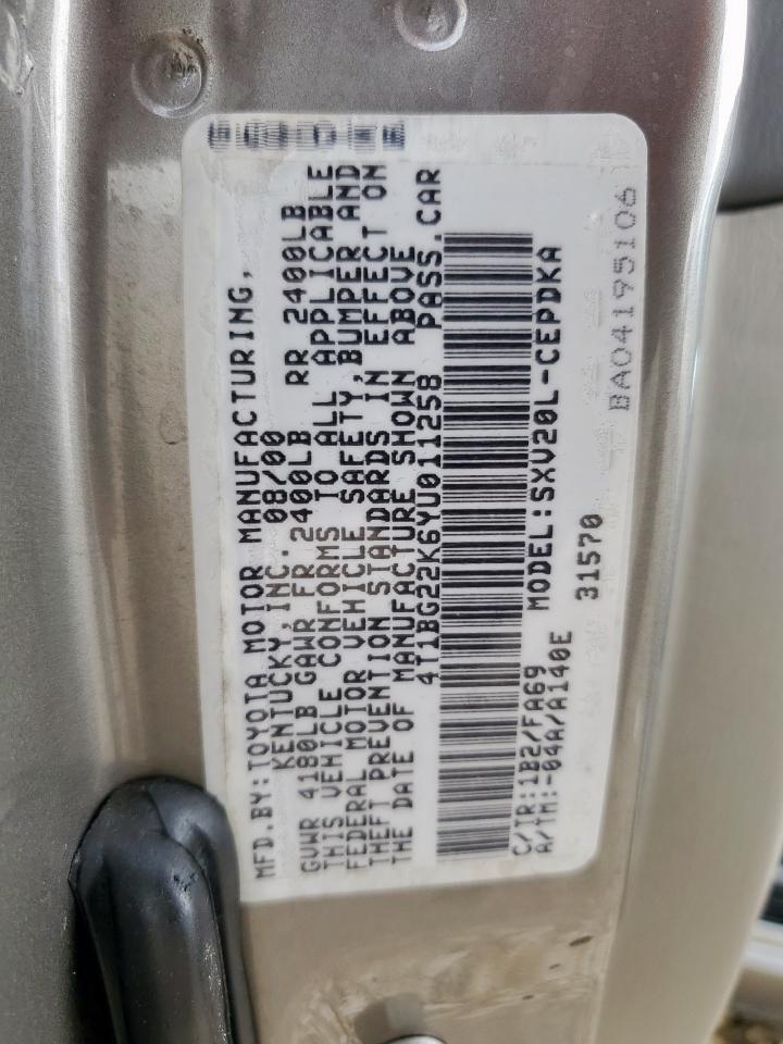 2000 Toyota Camry Ce VIN: 4T1BG22K6YU011258 Lot: 64571205