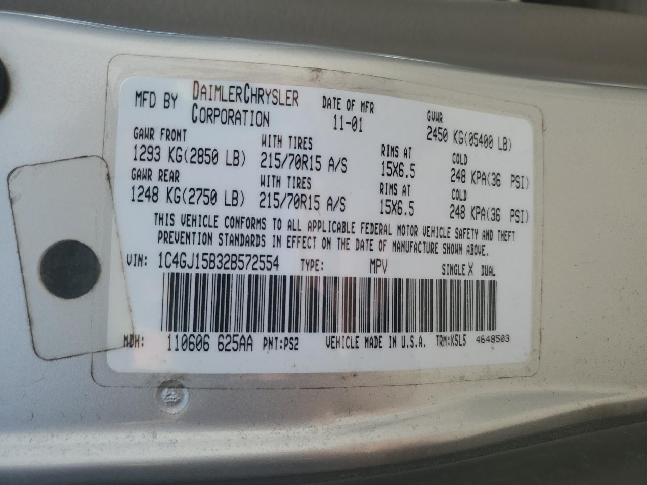 2002 Chrysler Voyager Ec VIN: 1C4GJ15B32B572554 Lot: 62387045