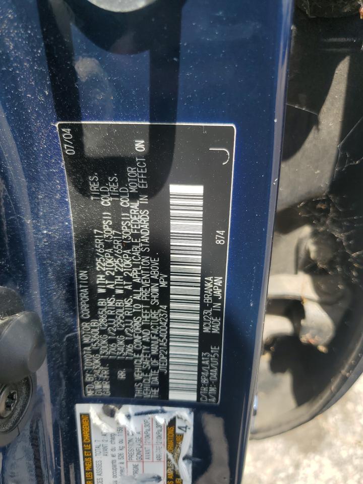 2004 Toyota Highlander Base VIN: JTEDP21A540042374 Lot: 63033195