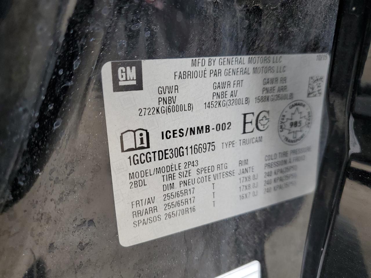 2016 Chevrolet Colorado Z71 VIN: 1GCGTDE30G1166975 Lot: 65021905