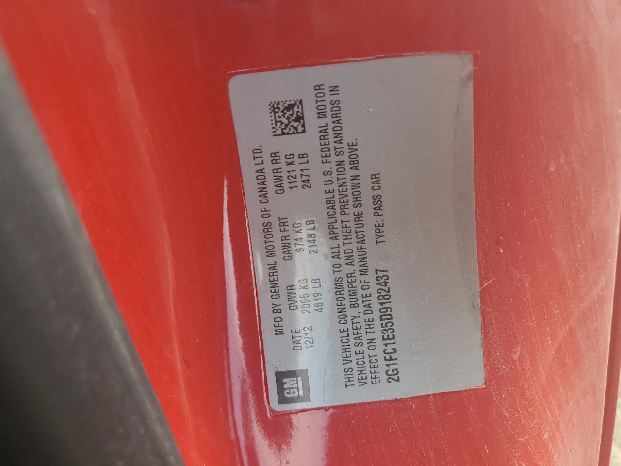 2013 Chevrolet Camaro Lt VIN: 2G1FC1E35D9182437 Lot: 66704655