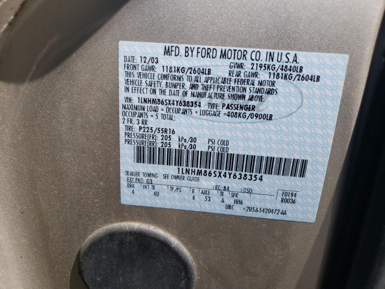 2004 Lincoln Ls VIN: 1LNHM86SX4Y638354 Lot: 64852445