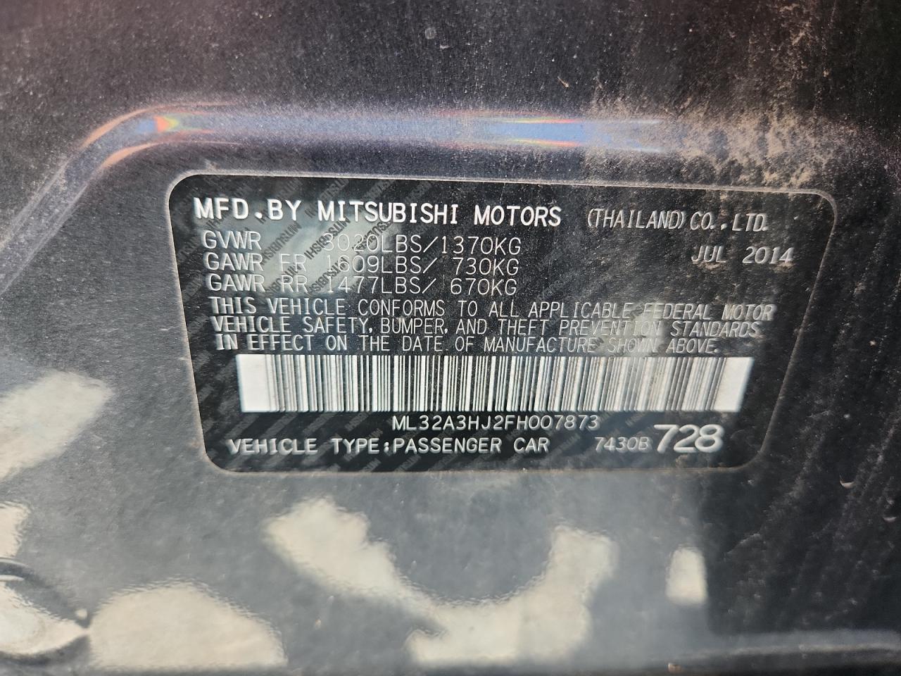2015 Mitsubishi Mirage De VIN: ML32A3HJ2FH007873 Lot: 64209145