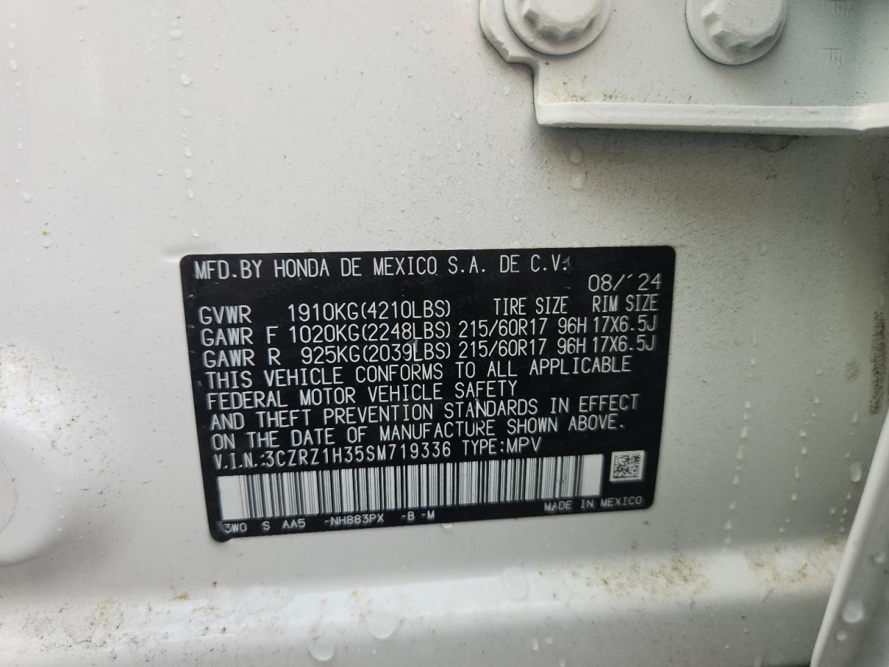 2025 Honda Hr-V Lx VIN: 3CZRZ1H35SM719336 Lot: 65071685