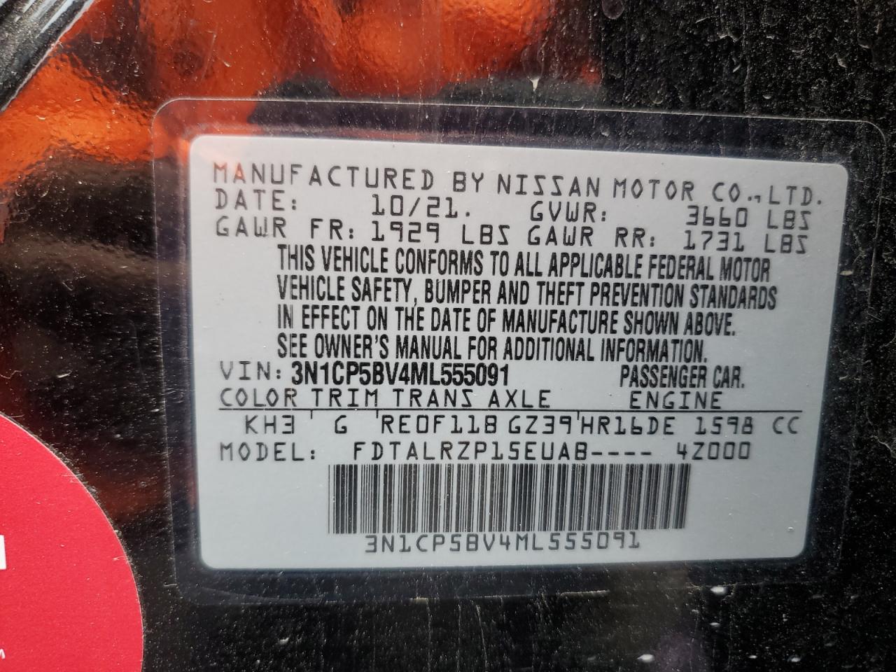2021 Nissan Kicks S VIN: 3N1CP5BV4ML555091 Lot: 62921815