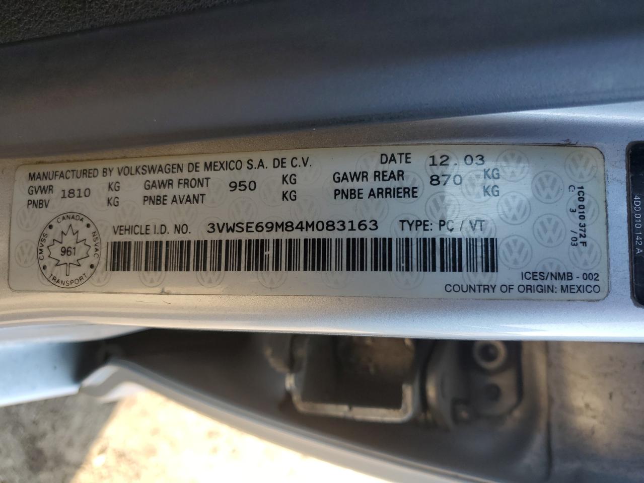 2004 Volkswagen Jetta Gls VIN: 3VWSE69M84M083163 Lot: 67096375