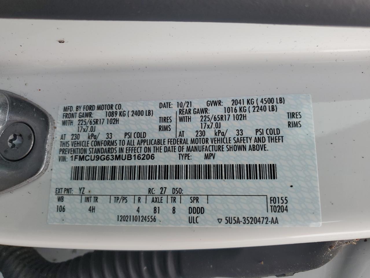 2021 Ford Escape Se VIN: 1FMCU9G63MUB16206 Lot: 64048685