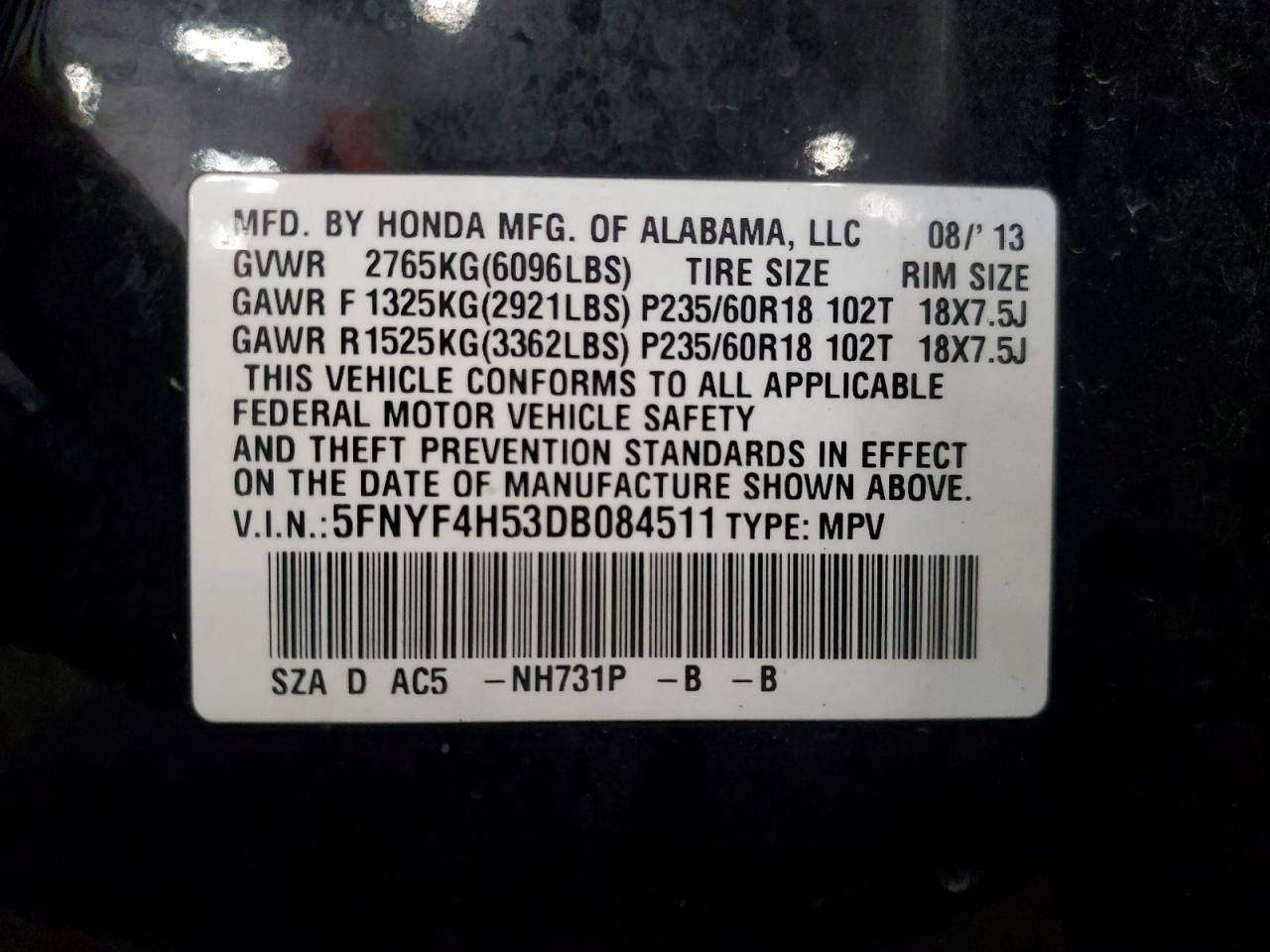 2013 Honda Pilot Exl VIN: 5FNYF4H53DB084511 Lot: 63454315