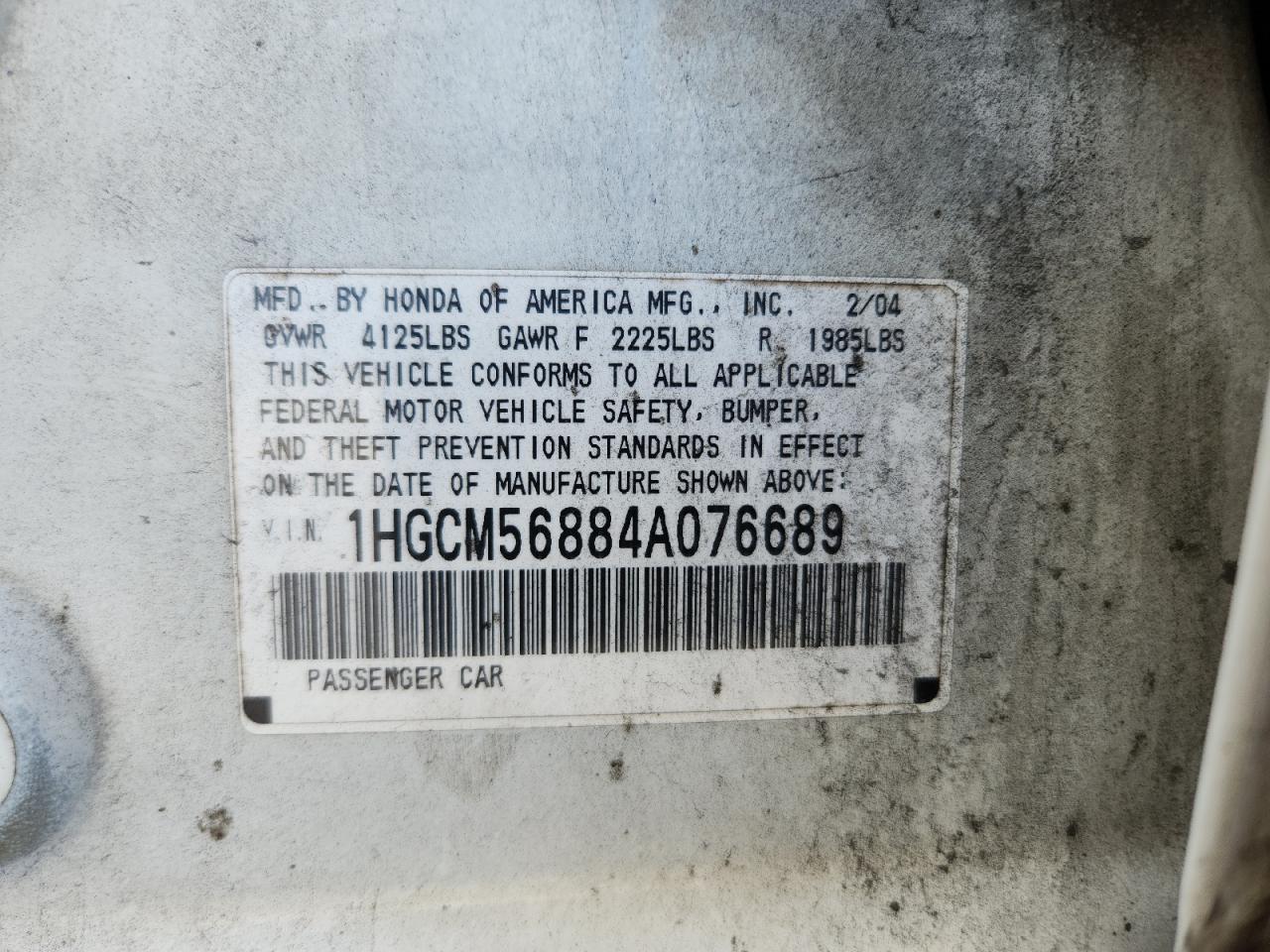 2004 Honda Accord Ex VIN: 1HGCM56884A076689 Lot: 65196305