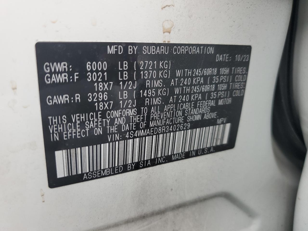 2024 Subaru Ascent Premium VIN: 4S4WMAED8R3402629 Lot: 64260785