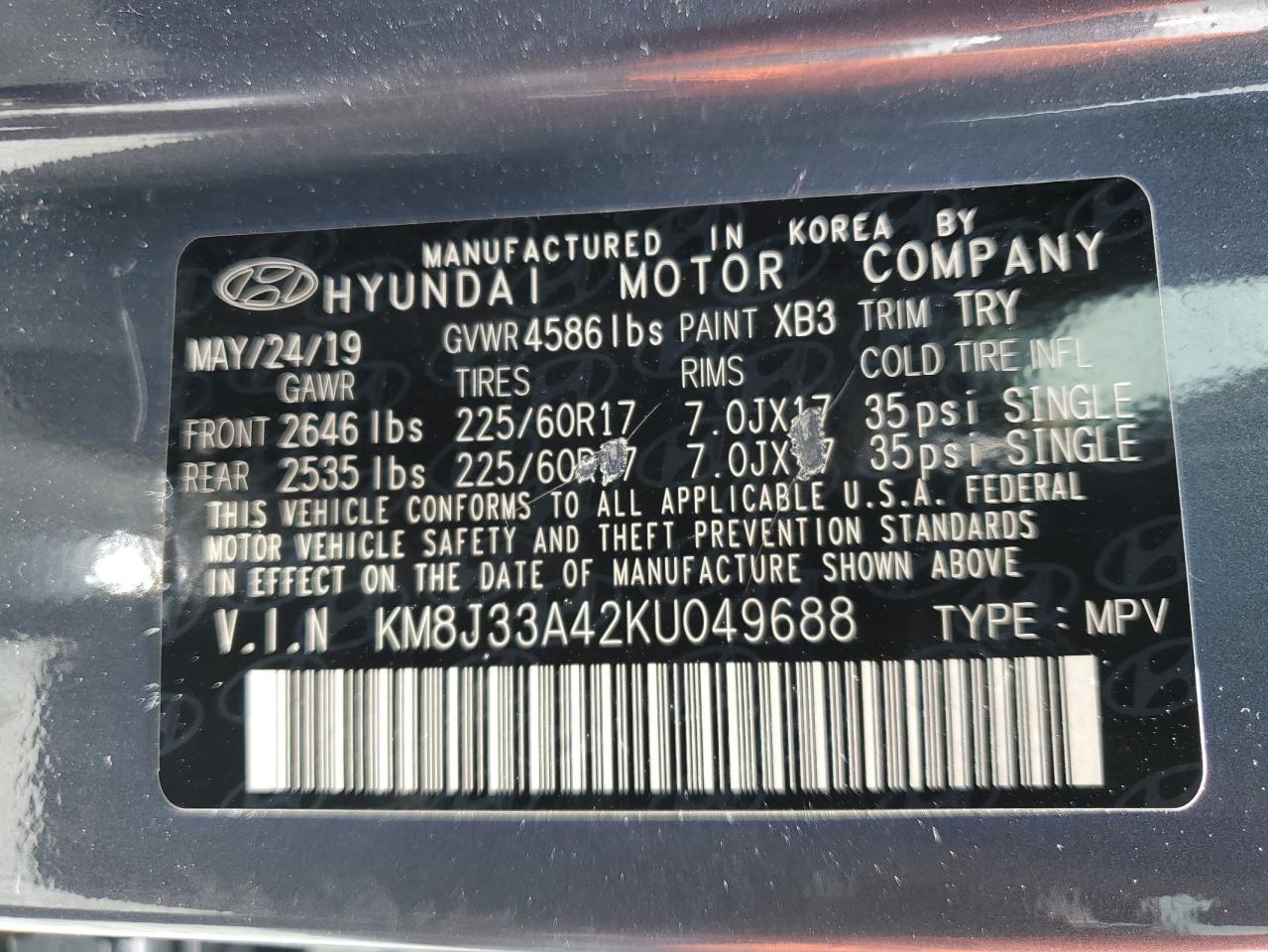 2019 Hyundai Tucson Limited VIN: KM8J33A42KU049688 Lot: 64738465