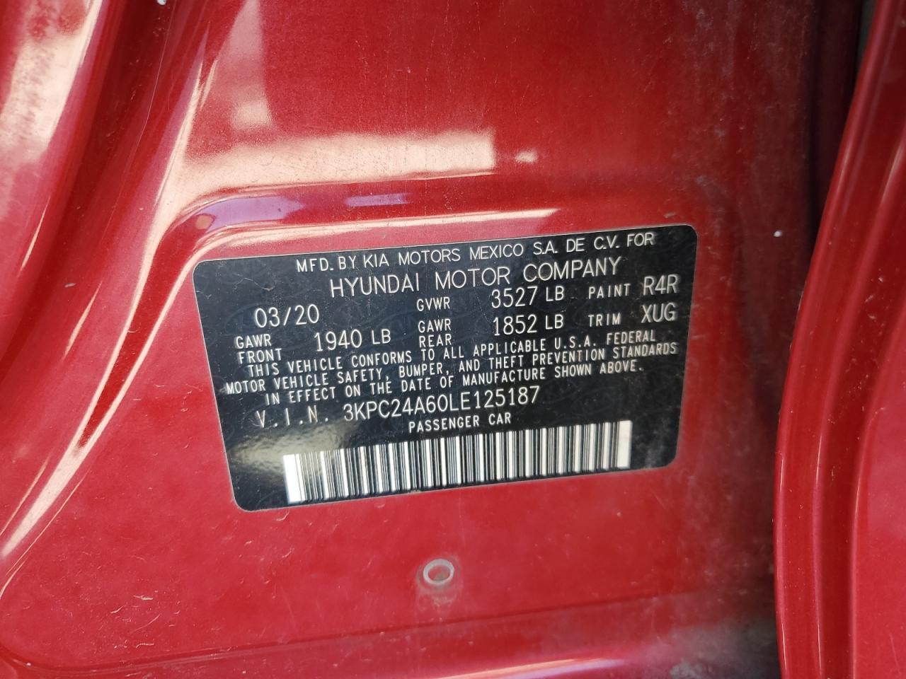 2020 Hyundai Accent Se VIN: 3KPC24A60LE125187 Lot: 62772315