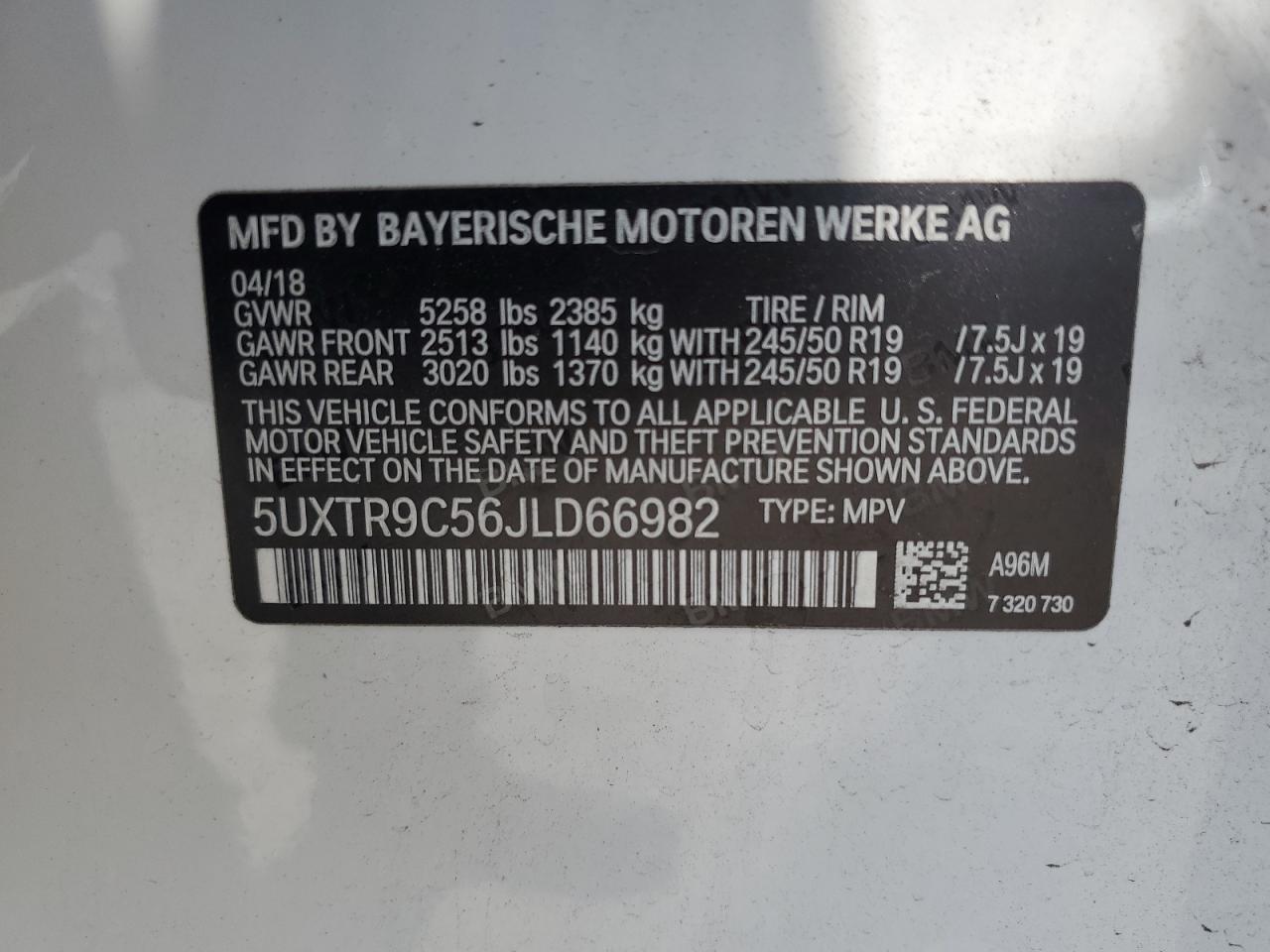 2018 BMW X3 xDrive30I VIN: 5UXTR9C56JLD66982 Lot: 64970245