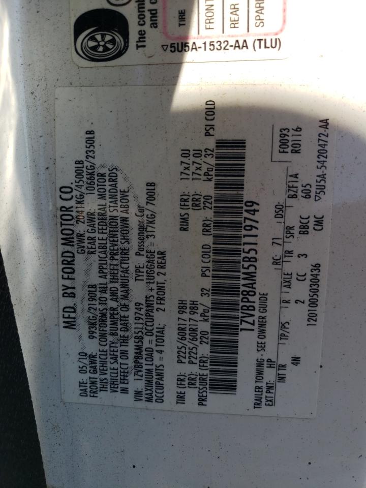 2011 Ford Mustang VIN: 1ZVBP8AM5B5119749 Lot: 65760385