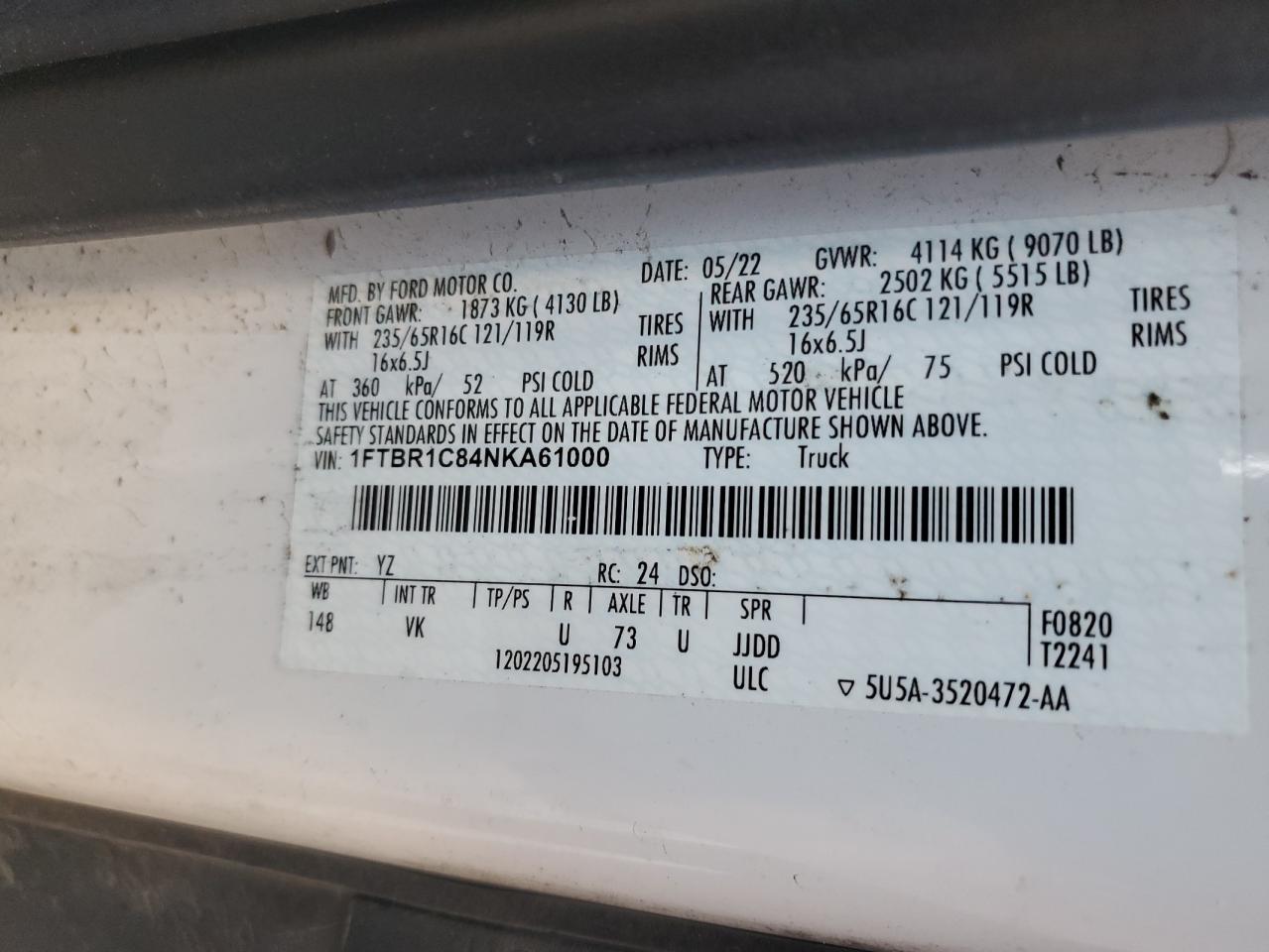 2022 Ford Transit T-250 VIN: 1FTBR1C84NKA61000 Lot: 62994915