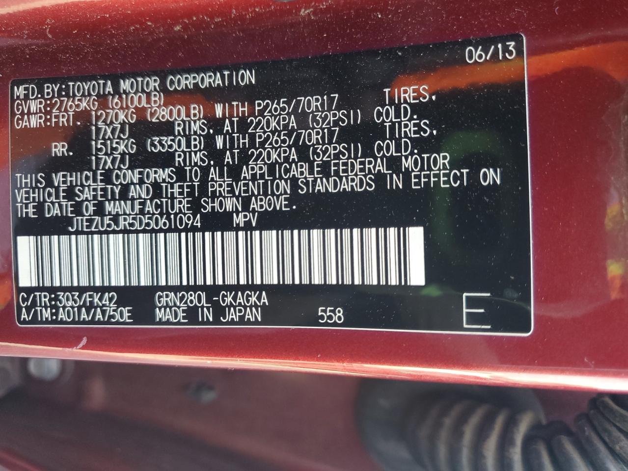 2013 Toyota 4Runner Sr5 VIN: JTEZU5JR5D5061094 Lot: 64501105