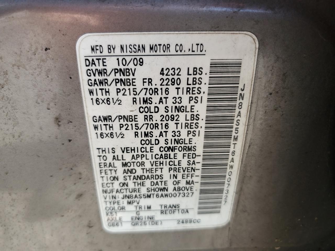 2010 Nissan Rogue S VIN: JN8AS5MT6AW007327 Lot: 63922595