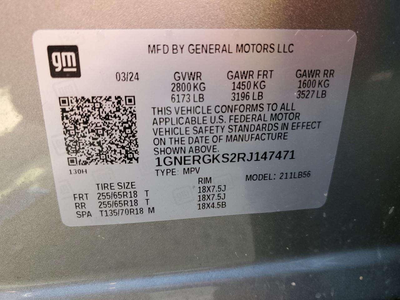 2024 Chevrolet Traverse Lt VIN: 1GNERGKS2RJ147471 Lot: 65124135