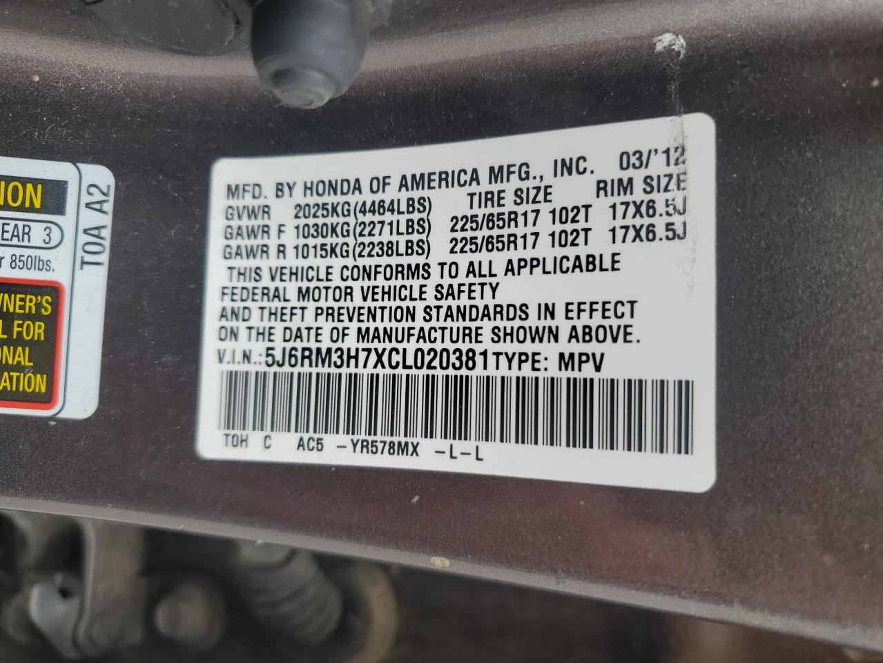 2012 Honda Cr-V Exl VIN: 5J6RM3H7XCL020381 Lot: 66009145