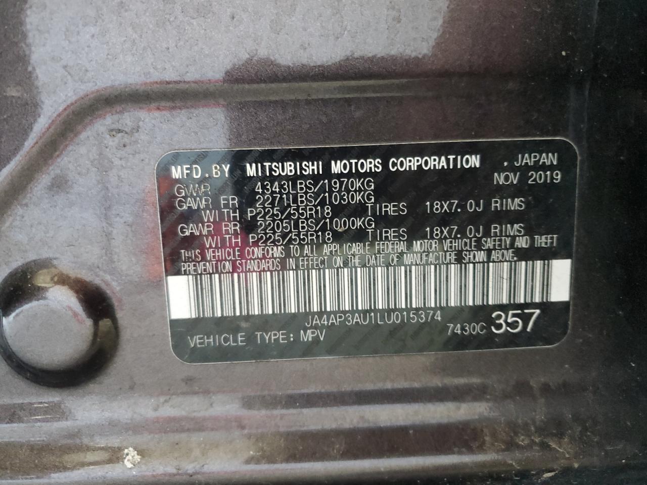 2020 Mitsubishi Outlander Sport Es VIN: JA4AP3AU1LU015374 Lot: 64929325