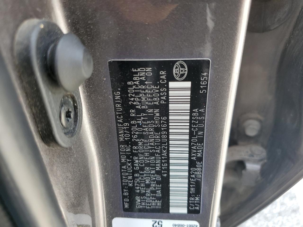 2020 Toyota Camry Se VIN: 4T1G11AK2LU891676 Lot: 64927875