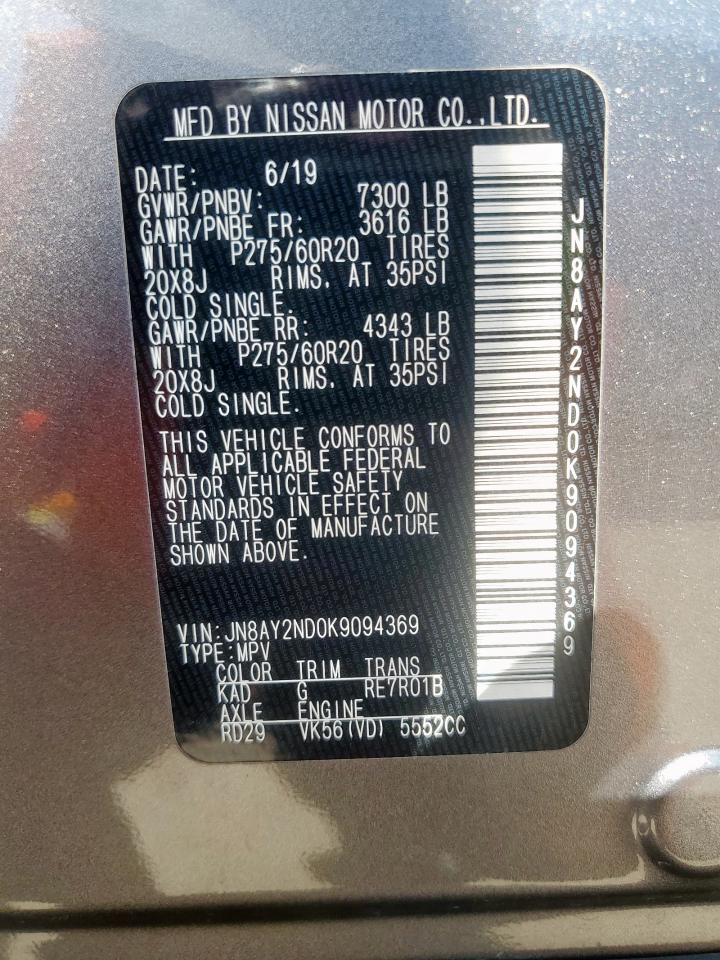 2019 Nissan Armada Sv VIN: JN8AY2ND0K9094369 Lot: 64895135