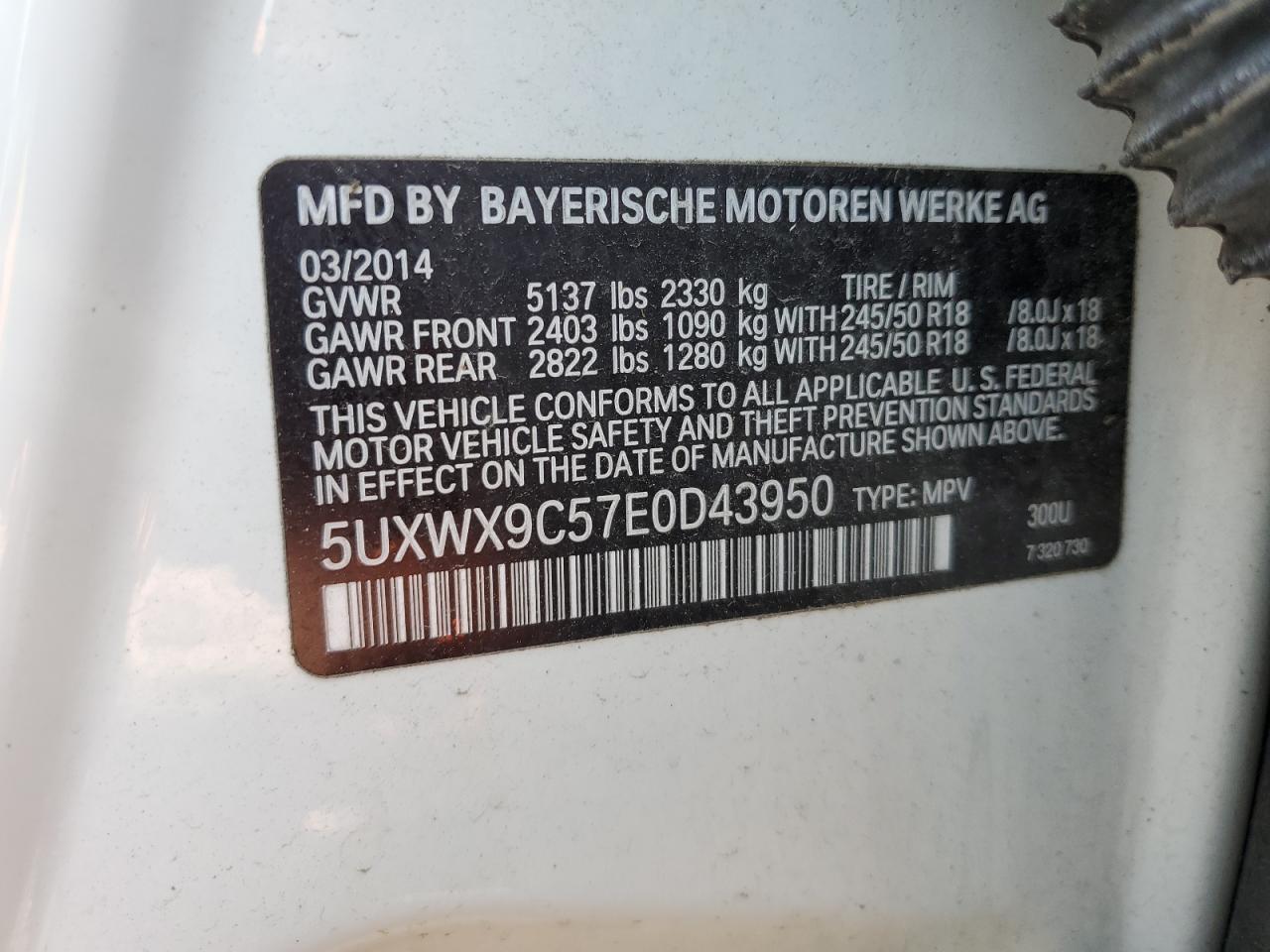 2014 BMW X3 xDrive28I VIN: 5UXWX9C57E0D43950 Lot: 64083985