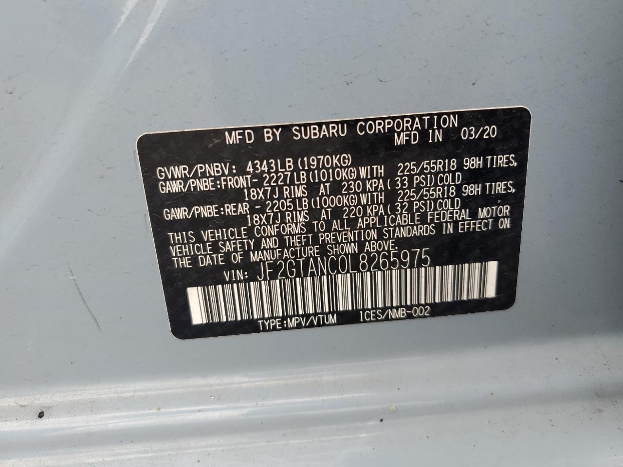 2020 Subaru Crosstrek Limited VIN: JF2GTANC0L8265975 Lot: 63367185