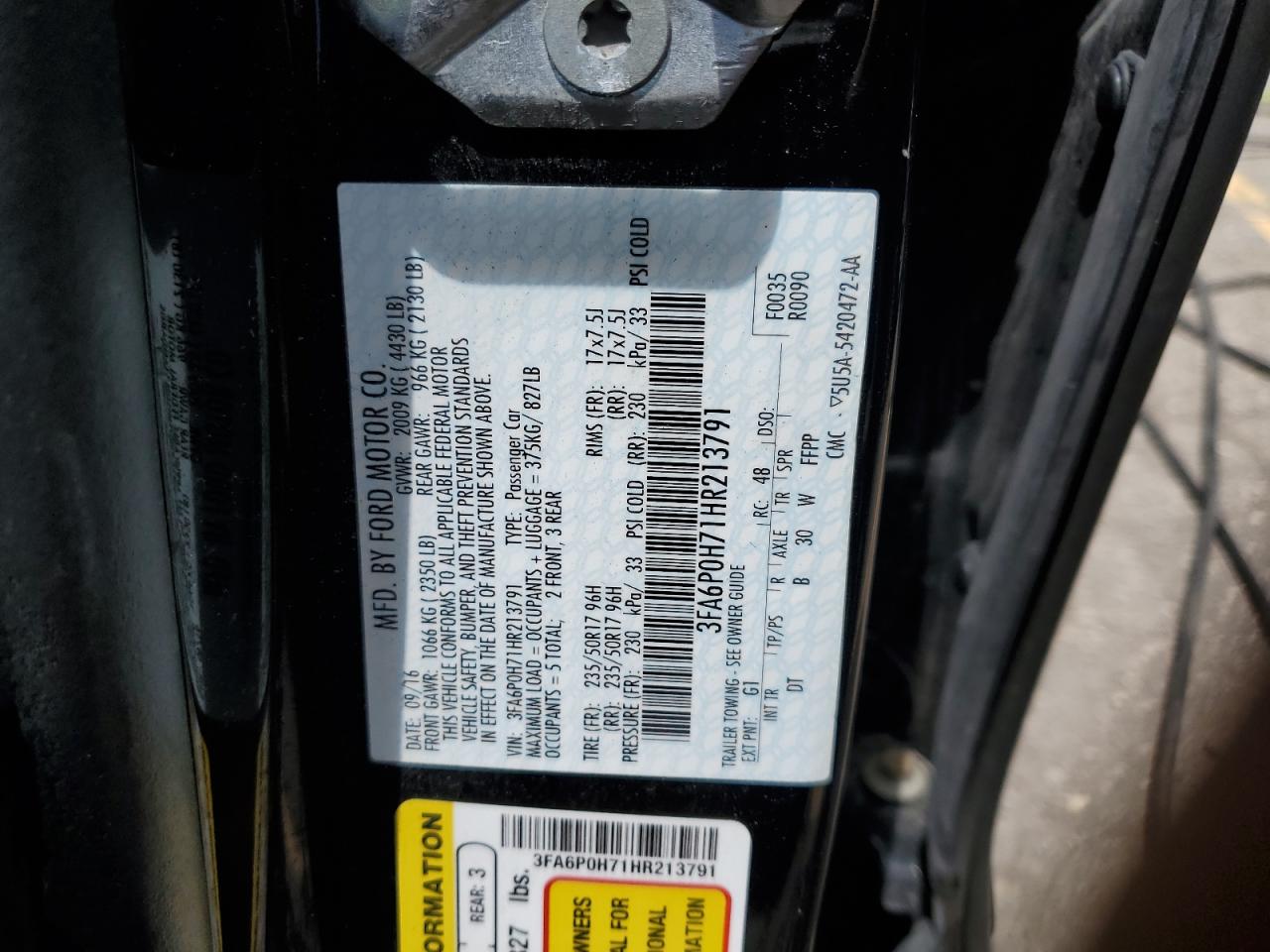 2017 Ford Fusion Se VIN: 3FA6P0H71HR213791 Lot: 64998945