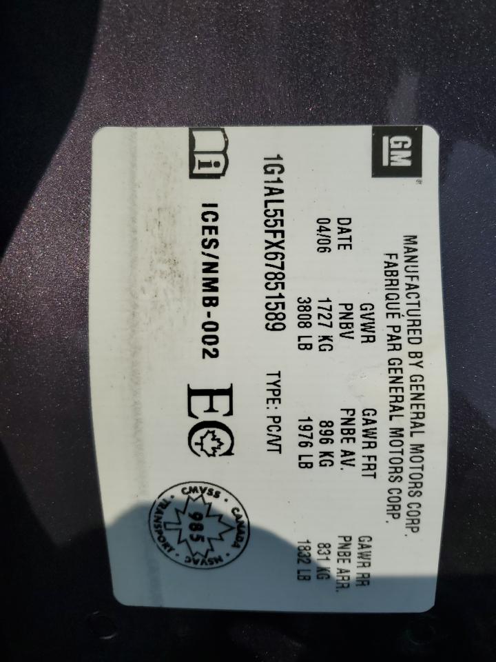 2006 Chevrolet Cobalt Lt VIN: 1G1AL55FX67851589 Lot: 64508395