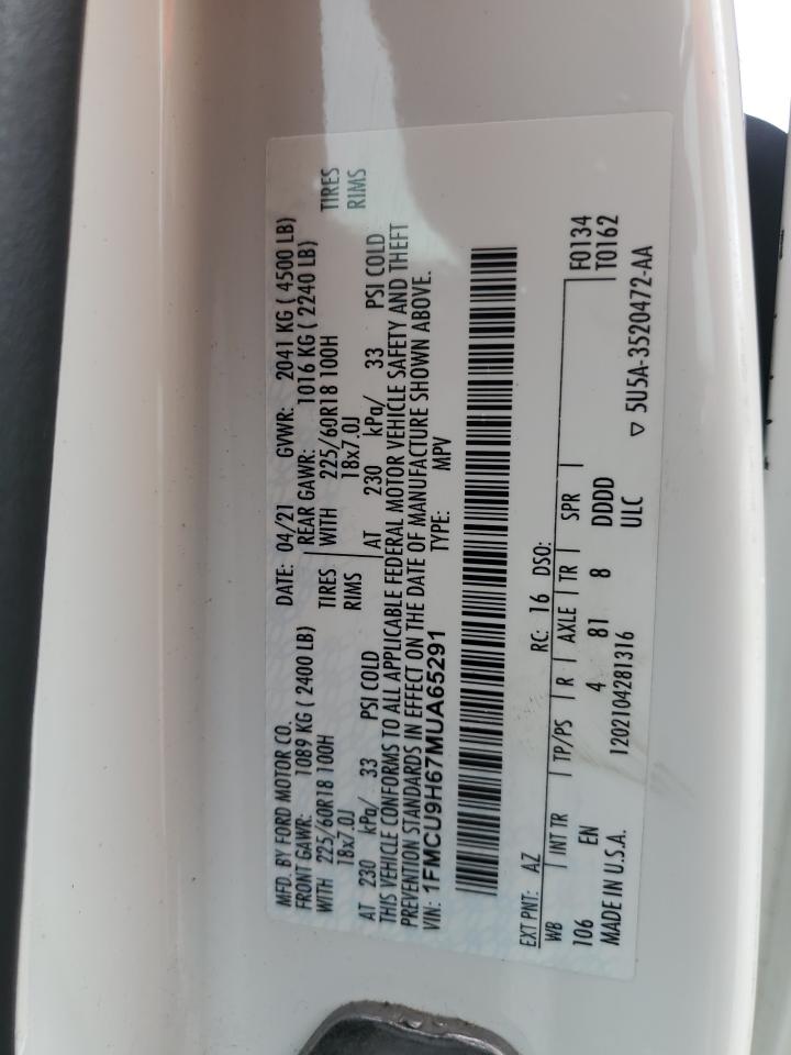 2021 Ford Escape Sel VIN: 1FMCU9H67MUA65291 Lot: 63403555