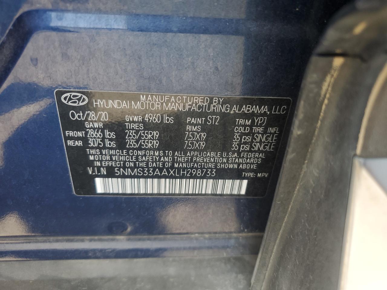 2020 Hyundai Santa Fe Sel VIN: 5NMS33AAXLH298733 Lot: 64607835
