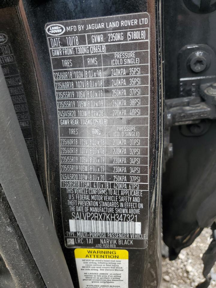 2019 Land Rover Range Rover Evoque Se VIN: SALVP2RX7KH347321 Lot: 66204625