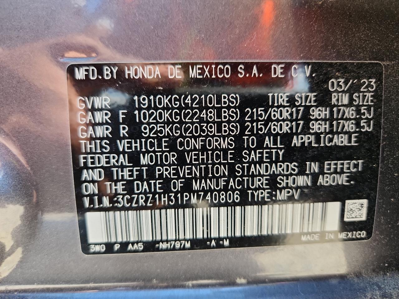 2023 Honda Hr-V Lx VIN: 3CZRZ1H31PM740806 Lot: 64363705
