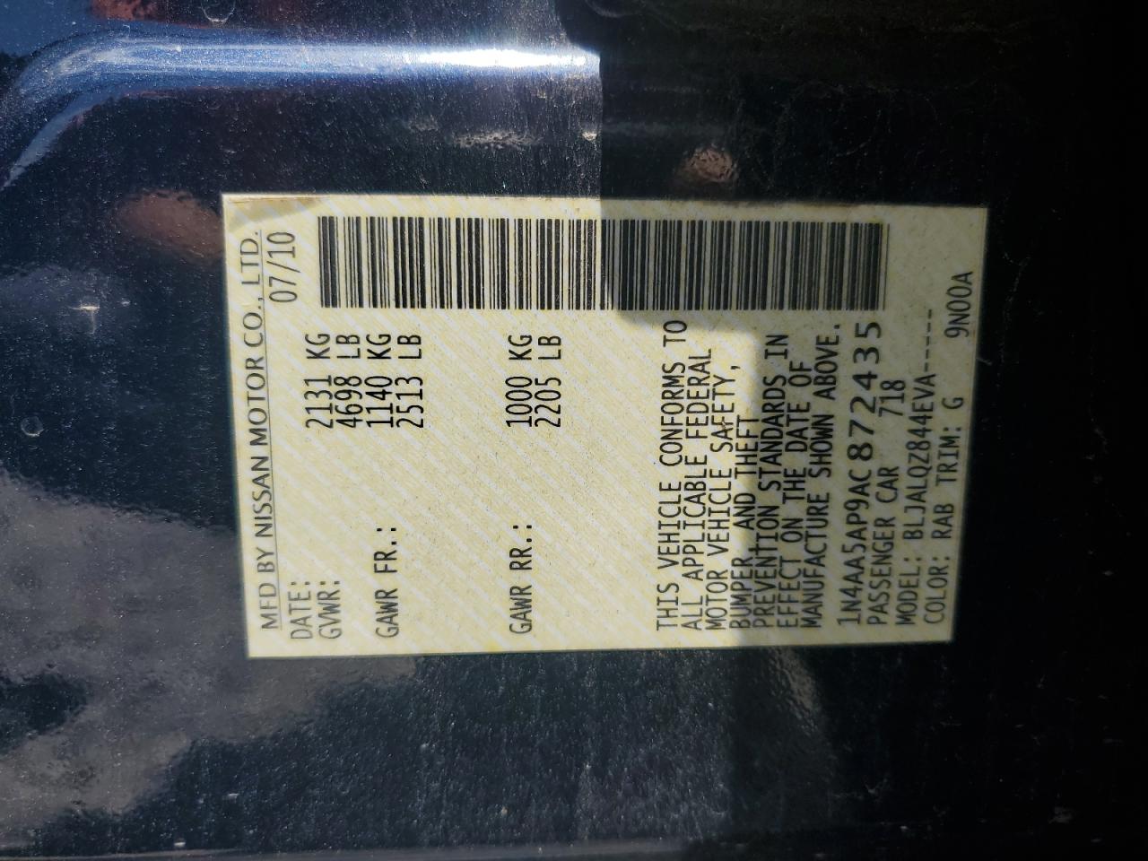 2010 Nissan Maxima S VIN: 1N4AA5AP9AC872435 Lot: 63422155