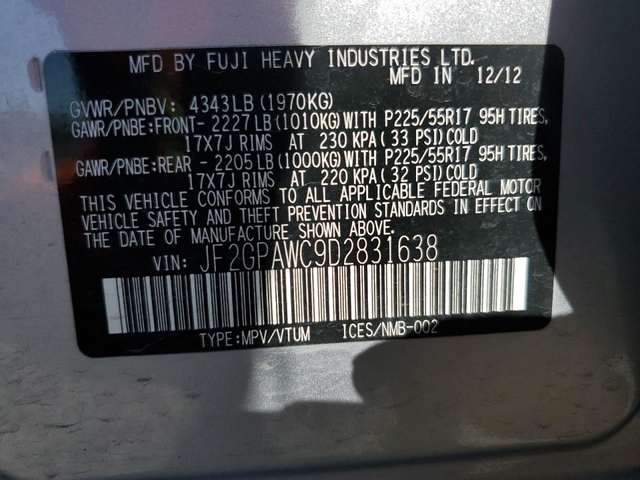 2013 Subaru Xv Crosstrek 2.0 Premium VIN: JF2GPAWC9D2831638 Lot: 65359145