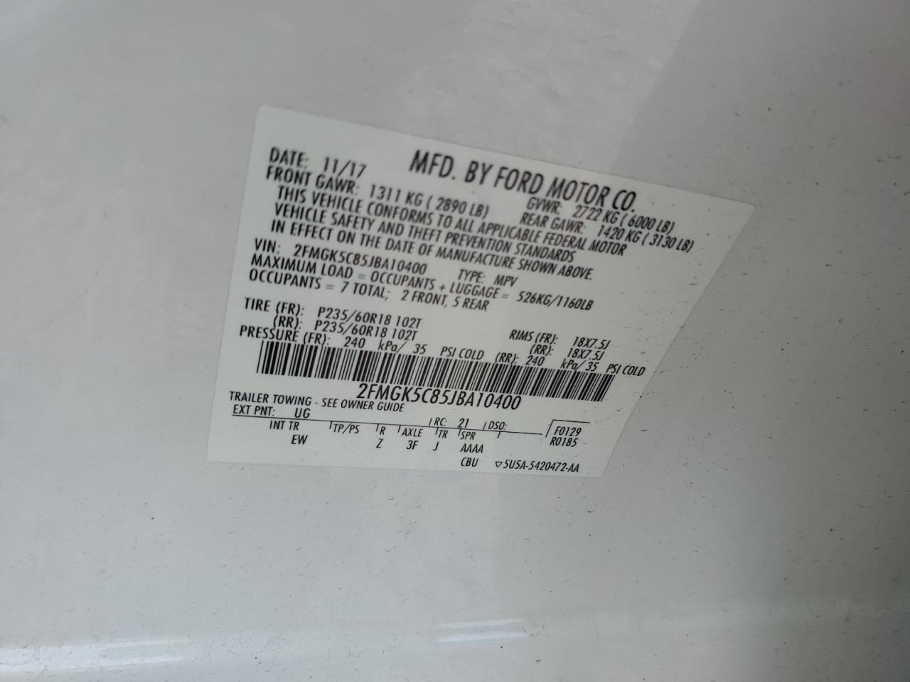 2018 Ford Flex Sel VIN: 2FMGK5C85JBA10400 Lot: 63048705