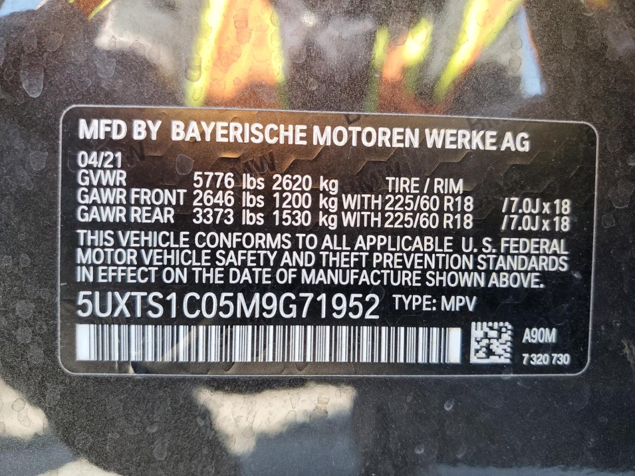 2021 BMW X3 xDrive30E VIN: 5UXTS1C05M9G71952 Lot: 64667735