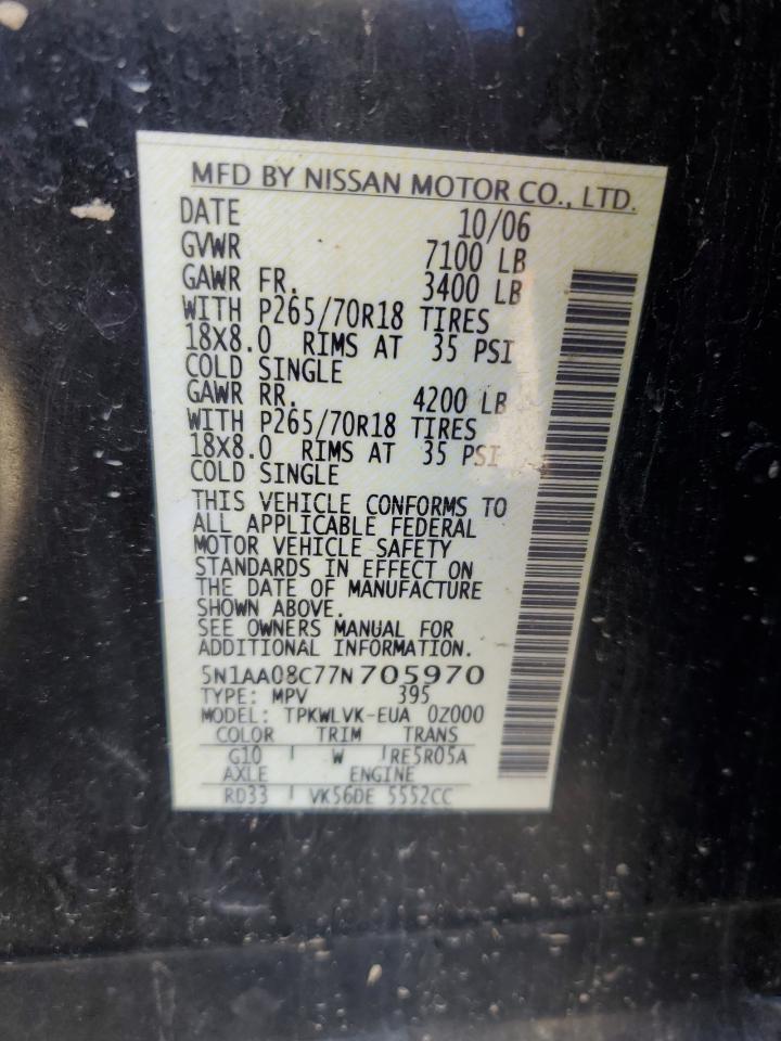 2007 Nissan Armada Se VIN: 5N1AA08C77N705970 Lot: 63651695